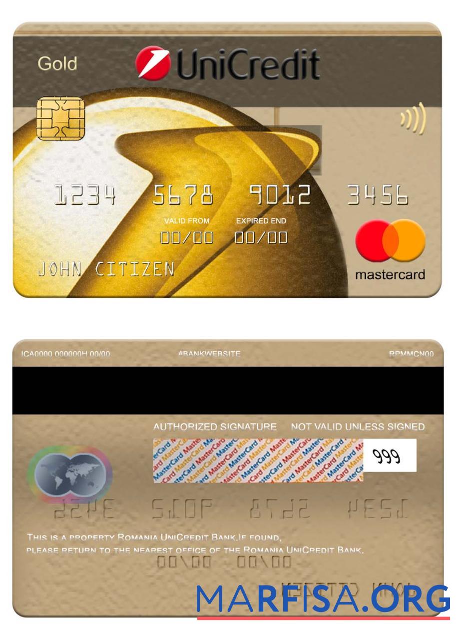 Printable Romania UniCredit Bank mastercard gold download for verification